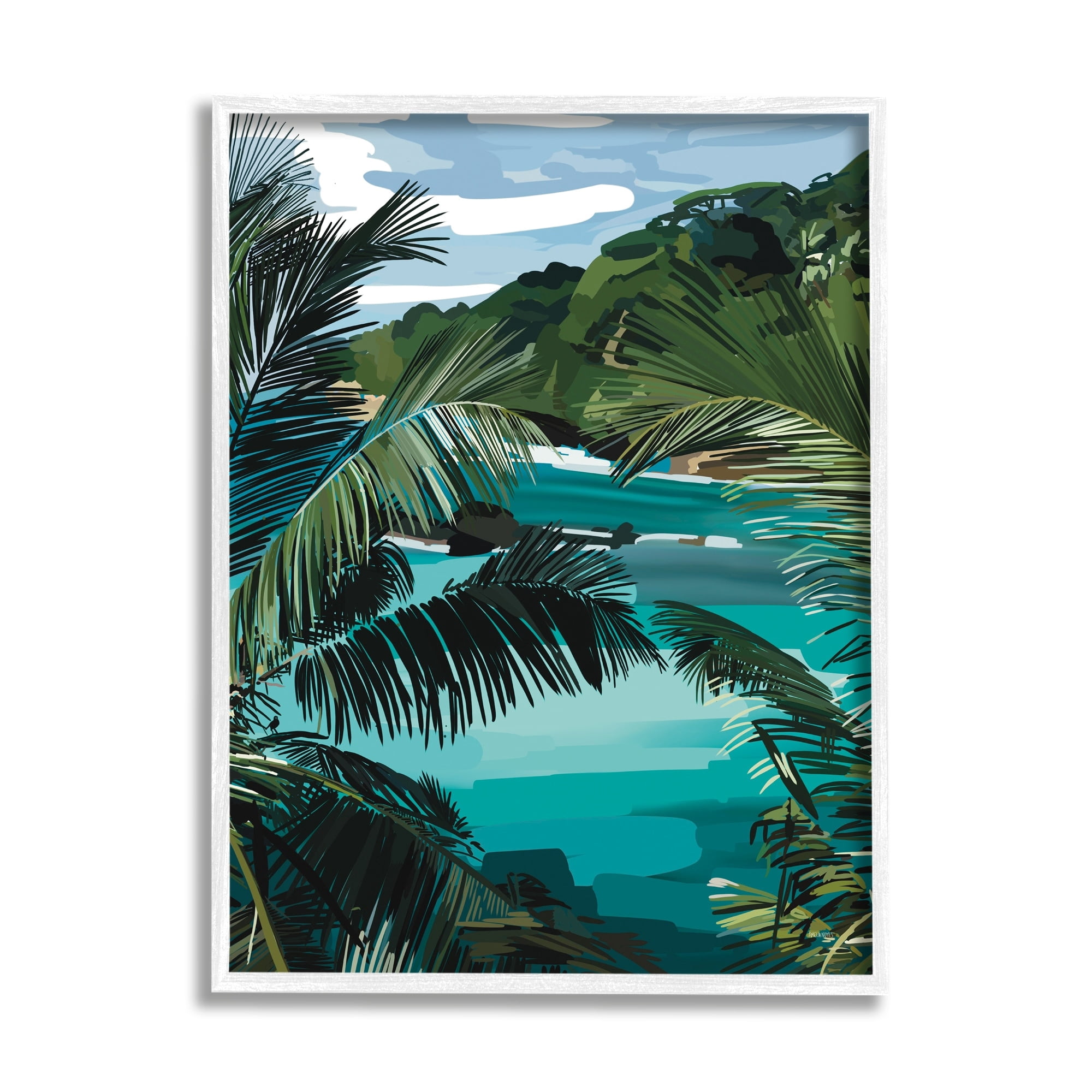Stupell Industries Tropical Ocean Inlet Lush Palm Tree Hills Graphic Art White Framed Art Print Wall Art, Design by Amelia Noyes