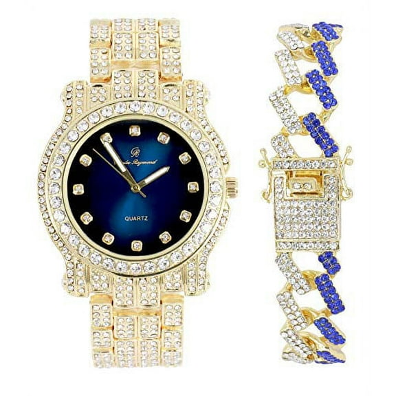 Charles Raymond Blinged Out Silver Round Hip Hop Luxury Mens Wristwatch w/Iced Out Bracelet -(L0504DXB ZZ Gold Royal Blue)