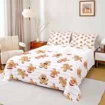 Homewish Gingerbread Man 4-Piece Full Size Sheets for Teens Boys Girls,Merry Christmas Bed Sheets,Geometric Stripes Lightweight Sheet Sets,Breathable Home Decor
