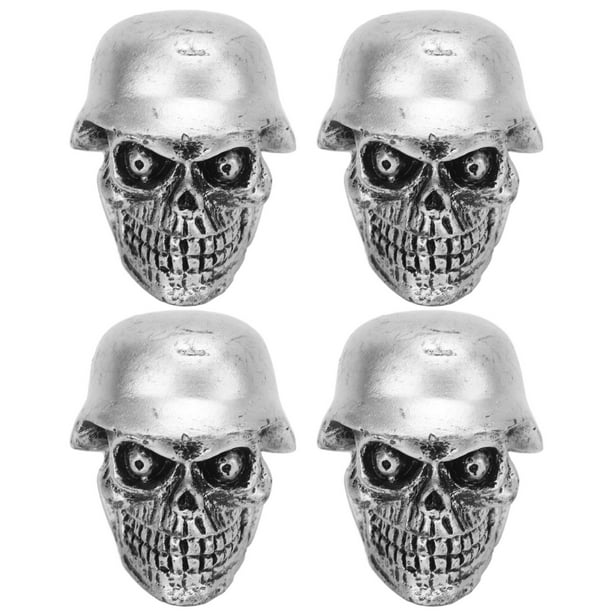 Juego de 4 tapones para válvula de neumático de casco, tipo calavera, con anillo de goma, universales, para coches, bicicletas, SUV, camiones, bicicletas y motocicletas, color plateado.