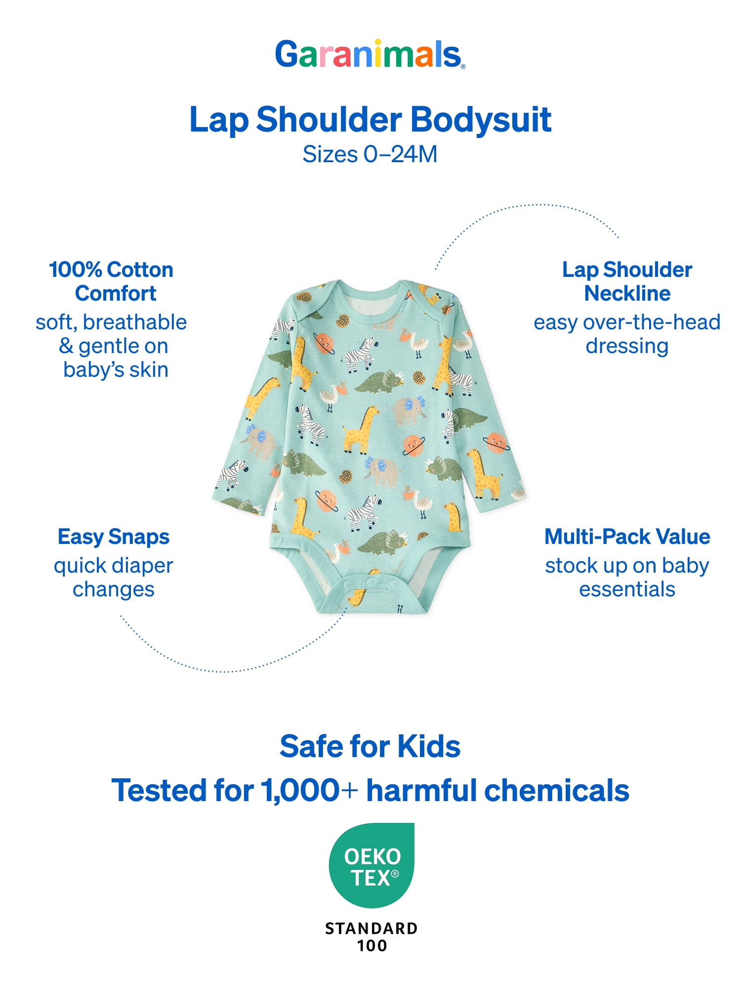 Garanimals Newborn & Baby 100% Cotton Long Sleeve Bodysuits, Sizes 0–24M, 4-Pack