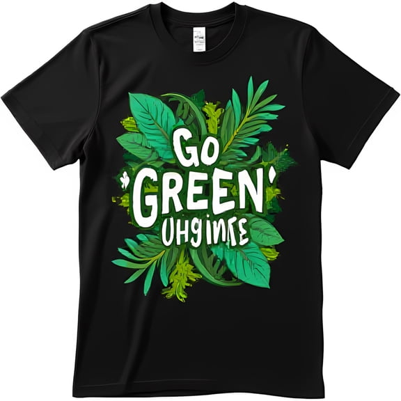 Go Green Black T-Shirt with Colorful Leaf Design Eco Friendly Graphic Tee
