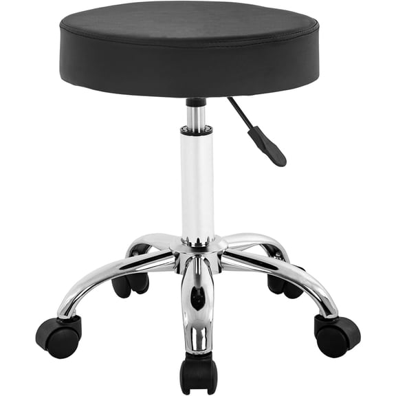 TerraOutfit Round Rolling Stool with Swivel Garage Stool Esthetician Chair Tattoo Stool Shop Stools with Wheels PU Cushion Leather Stool for Office, Massage (Black)