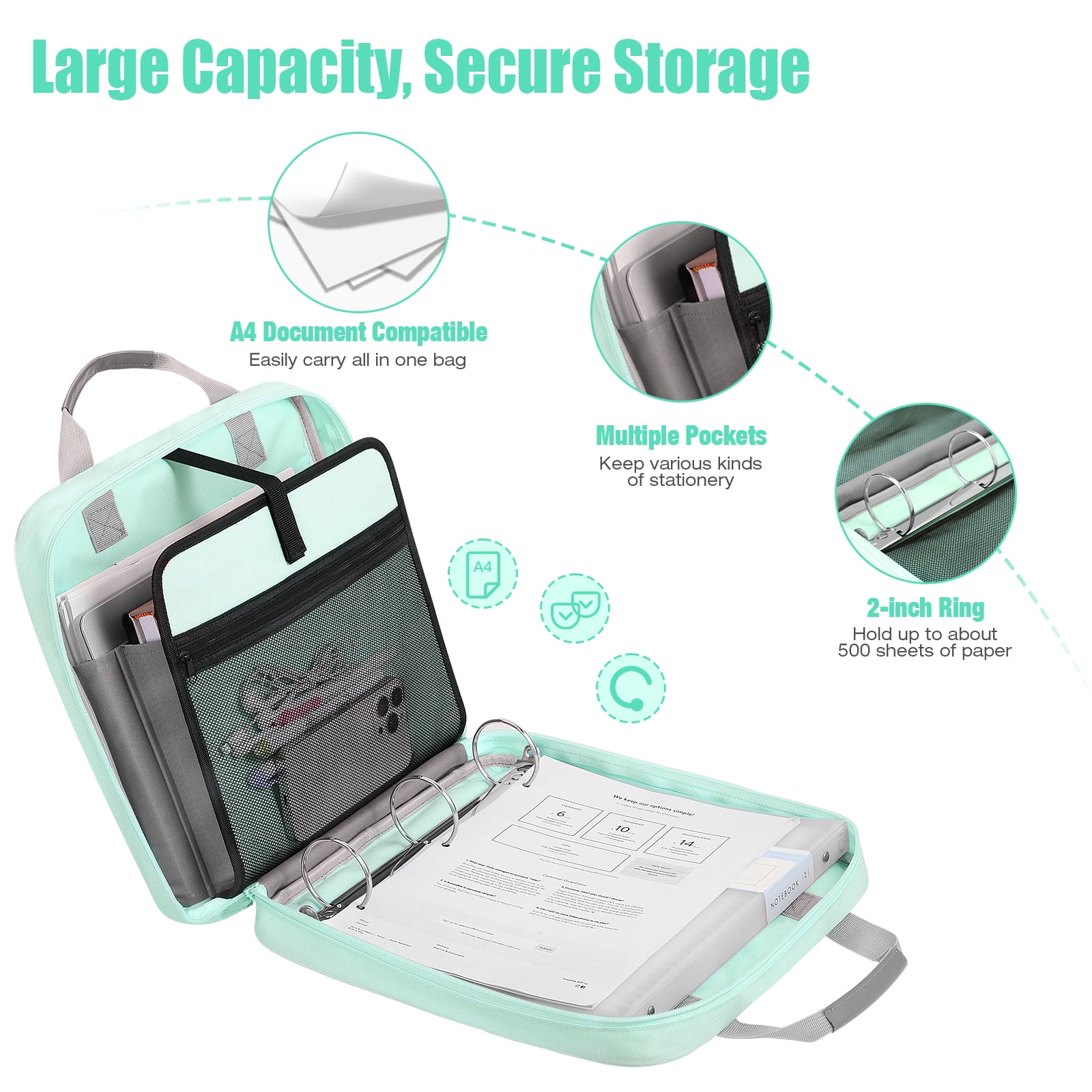 MoKo Zipper Binder, 2 inch 3 Ring 500 Sheet Capacity Multi-Pocket School Binder, School Supplies, Mint Green