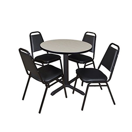 UPC: 0843532029763 | Cain 30  Round Breakroom Table- Maple & 4 Restaurant Stack Chairs- Black