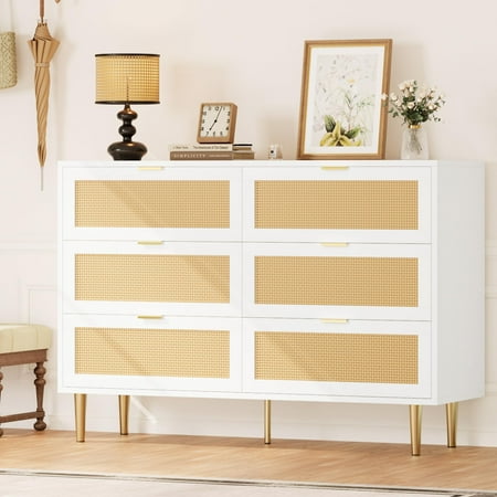 6 Drawer Double Dresser for Bedroom Rattan Chest of Dressers Modern Wooden Dresser Chest with Golden Handles Beside Table for Closet Living Room and Entryway