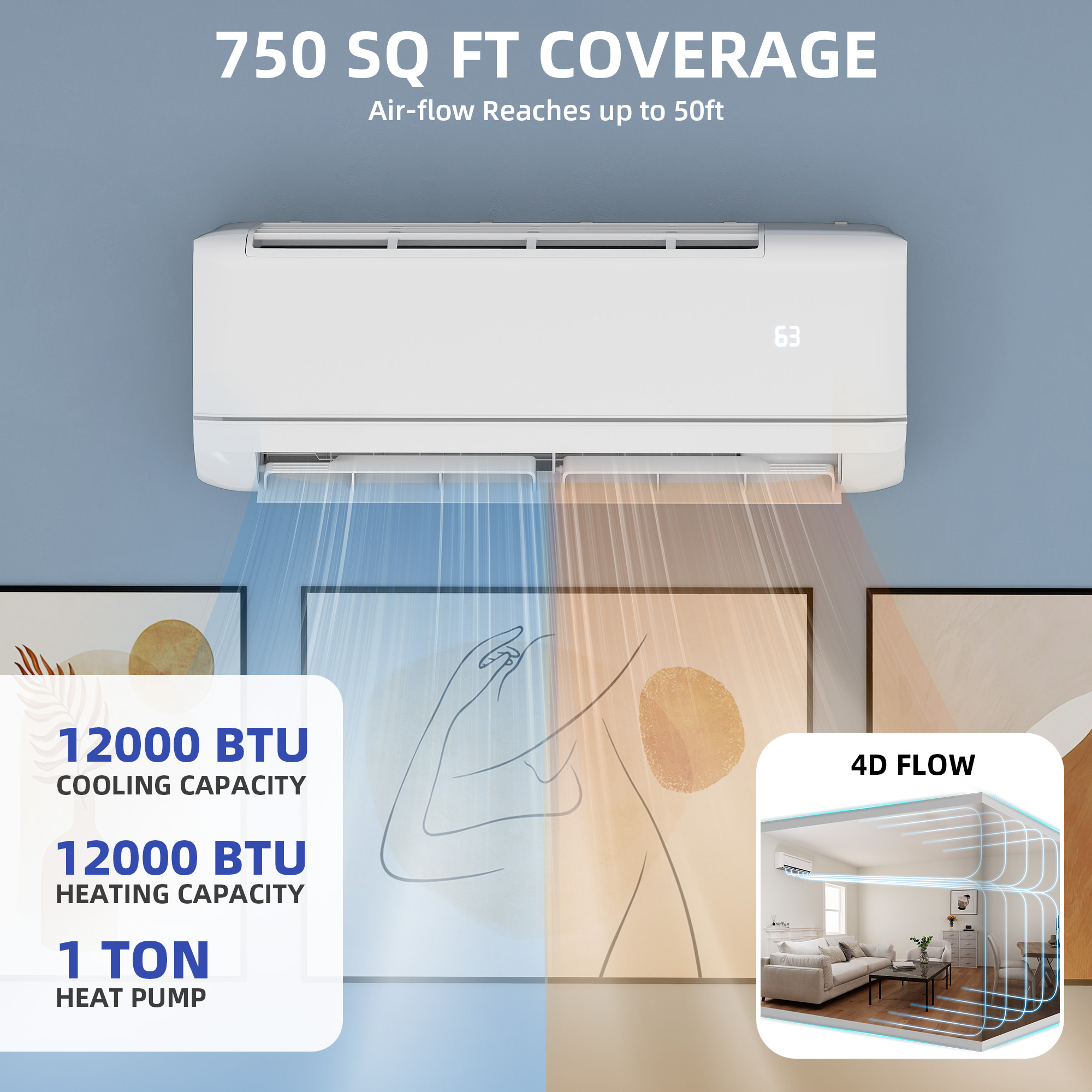 9,000 BTUs Mini Split AC/Heating System, 23 SEER2 Inverter