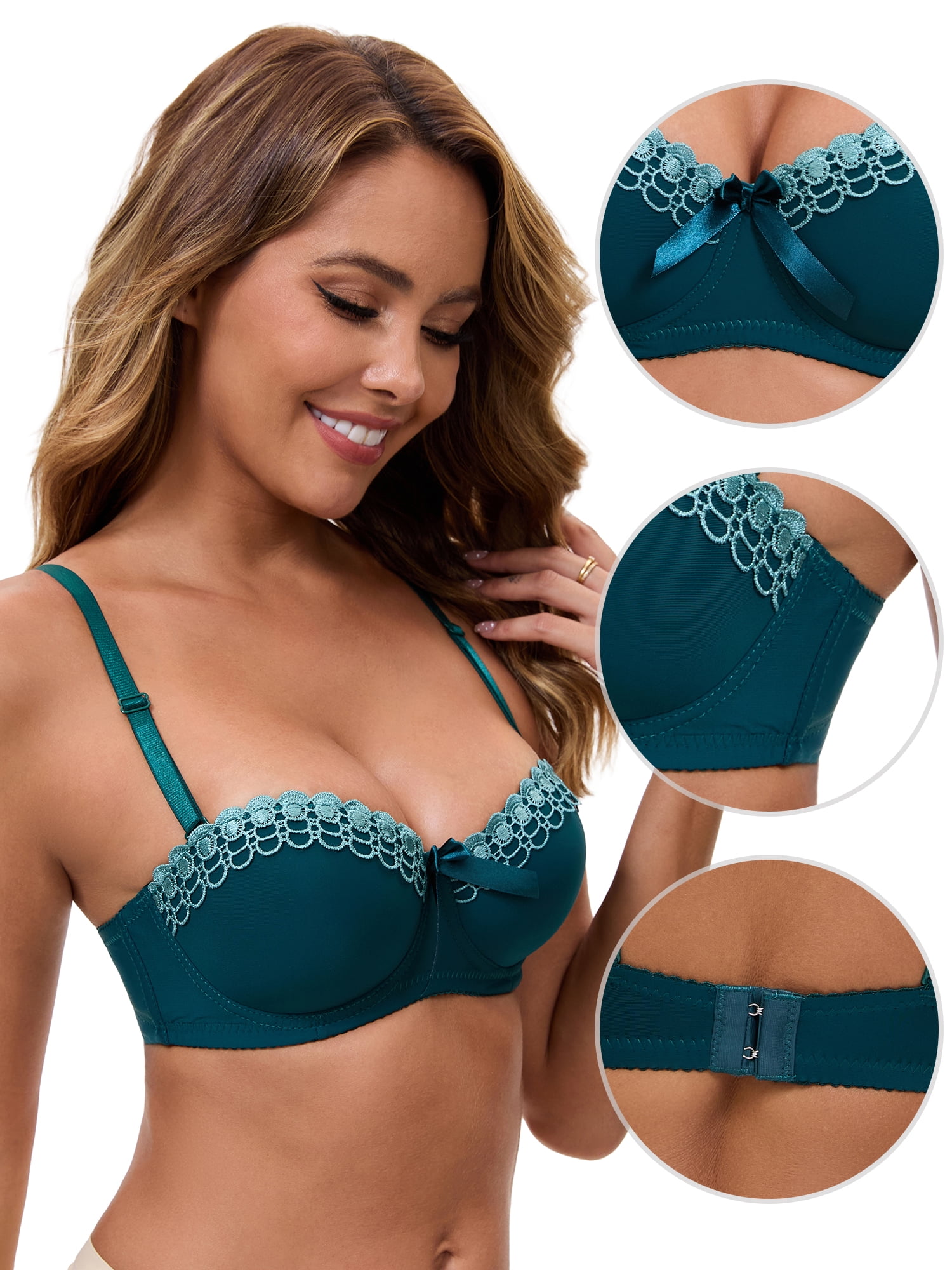 DARING DIVA Women's Soft Convertible Half Cup Underwire Push Up Bow Lingerie S Dark Green