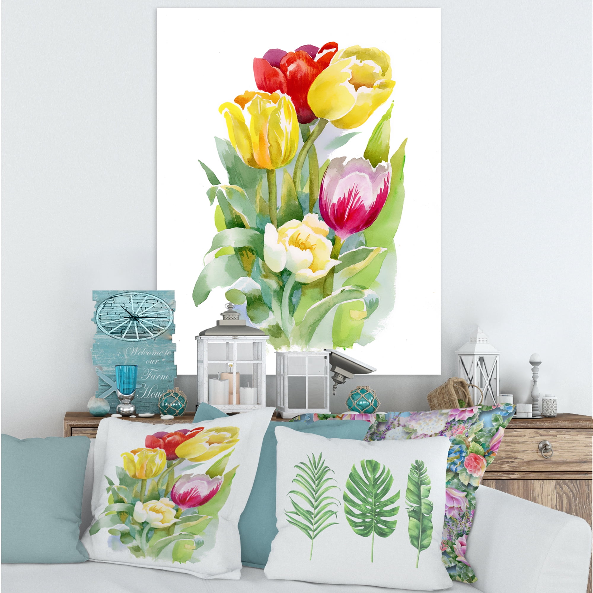 Bouquet of Red and White Tulips 8 in x 12 in Painting Canvas Art Print, by Designart