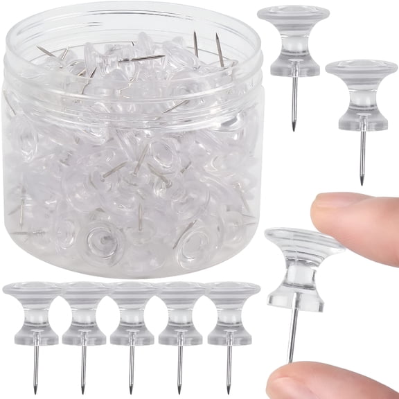 ACDANC Giant Push Pins 100 Pack Clear Steel Point and Plastic Head Pins for Cork Board Bulletin Board with Transparent Jar
