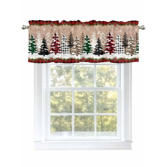 Merry Christmas Valances for Windows Xmas Tree Snowflake Red Buffalo Plaid Wood Grain Rod Pocket Curtains Valance Short Window Treatment Drapes for Living Room, Bedroom Bathroom 42" W x 18" L