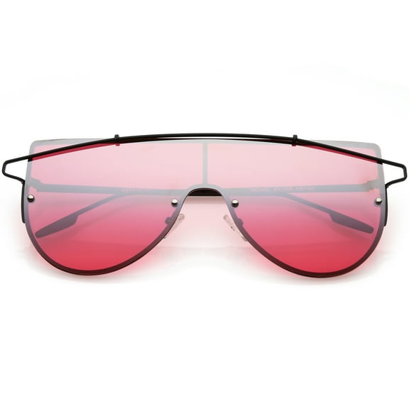Futuristic Rimless Shield Sunglasses Metal Crossbar Colored Mono Lens 64mm (Black / Red)