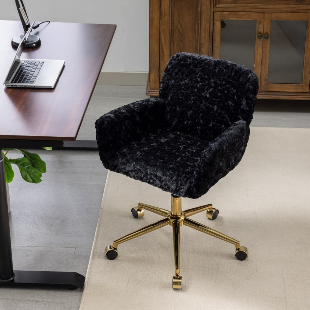 Office Chair, Faux Rabbit Fur Home Office Desk Chair with Golden Metal Base, Adjustable Height, 360° Swivel Reclining Vanity Chair, Black
