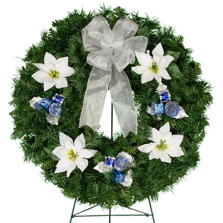 Sympathy Silks Christmas Memorial Wreath with Blue Ornaments and White Poinsettias, Silver Bow, 30" Easel