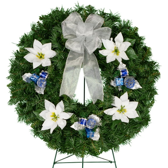 Sympathy Silks Christmas Memorial Wreath with Blue Ornaments and White Poinsettias, Silver Bow, 30" Easel