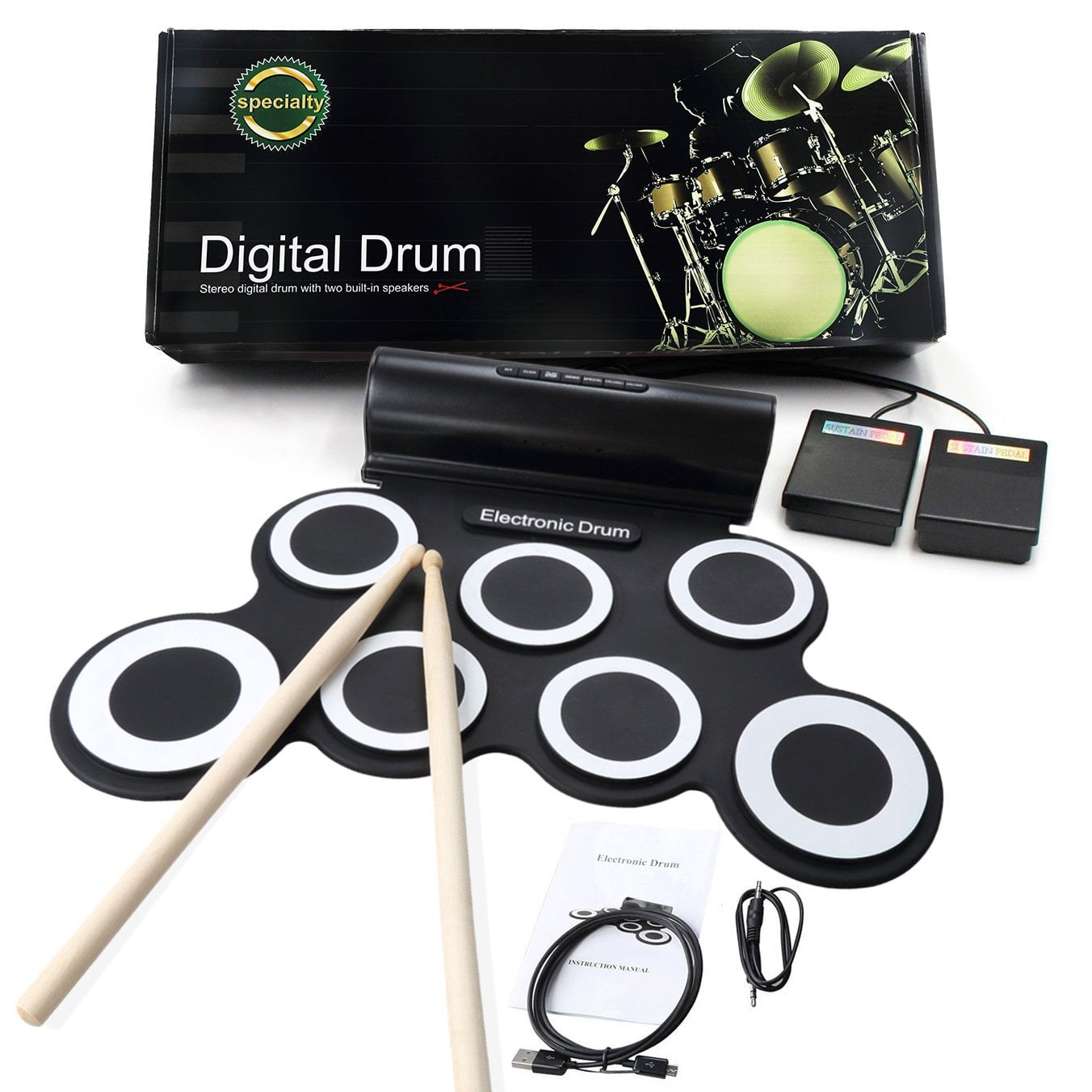 Electronic Drum Set Foldable Drum Pads Kit Built in Speaker With
