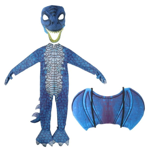 Disfraz de dragón infantil, conjunto de alas, cola y máscara de dragón para niños para disfrazarse de Halloween Azul Talla L 130cm Yuyangstore Disfraz de dragón infantil