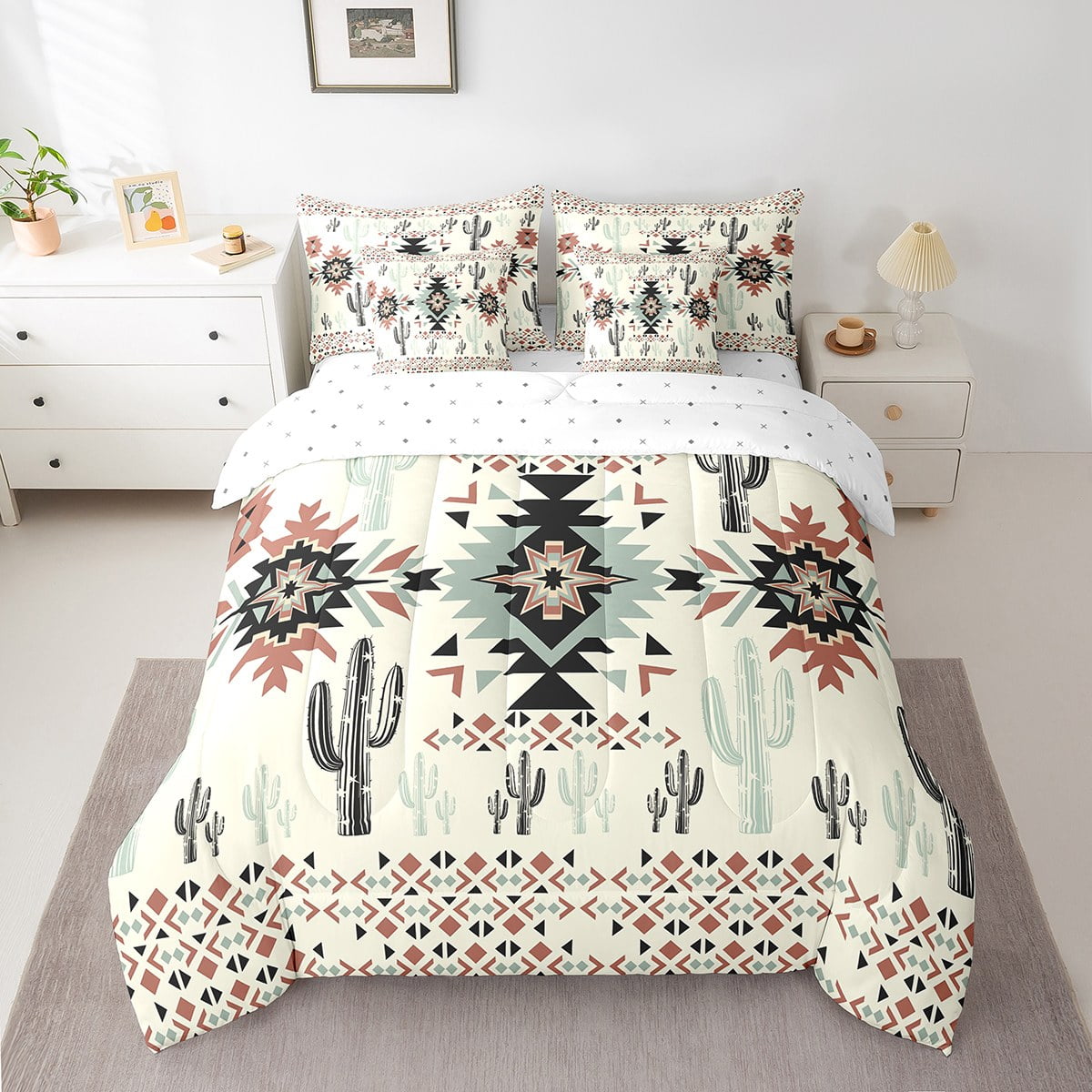 Erosebridal Vintage Aztec Print Bed In A Bag Full Size,Tropical Botanical Cactus Bed Set,Bohemian Exotic Style Bedding Full Size For Men Women,7Pcs Reversible