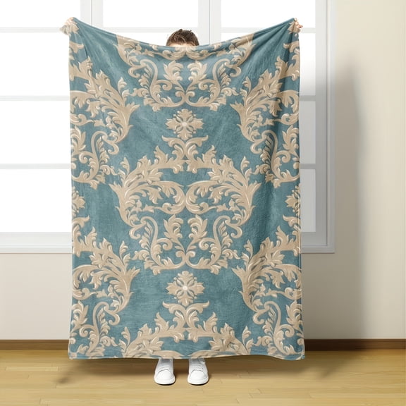 Elegant French Classic Regal Style Fleece Blanket with Blue Base and Golden Scroll Design, Offering Cozy Comfort and Luxurious Decor, Perfect for Bedroom or Living Room