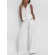 thumbnail image 3 of Moda Casual chaleco liso pantalones traje para mujer nuevo verano cuello pico botón Top bolsillo cintura elástica pantalones trajes traje de dos piezas, 3 of 5