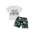 thumbnail image 1 of Conjunto de verano para niño pequeño: camiseta de manga corta con cuello redondo y estampado de letras, y pantalones cortos de camuflaje con cintura elástica., 1 of 9