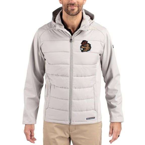Men's Cutter & Buck Gray Oregon State Beavers Evoke Hybrid Eco Softshell Recycled Full Zip Hooded Jacket