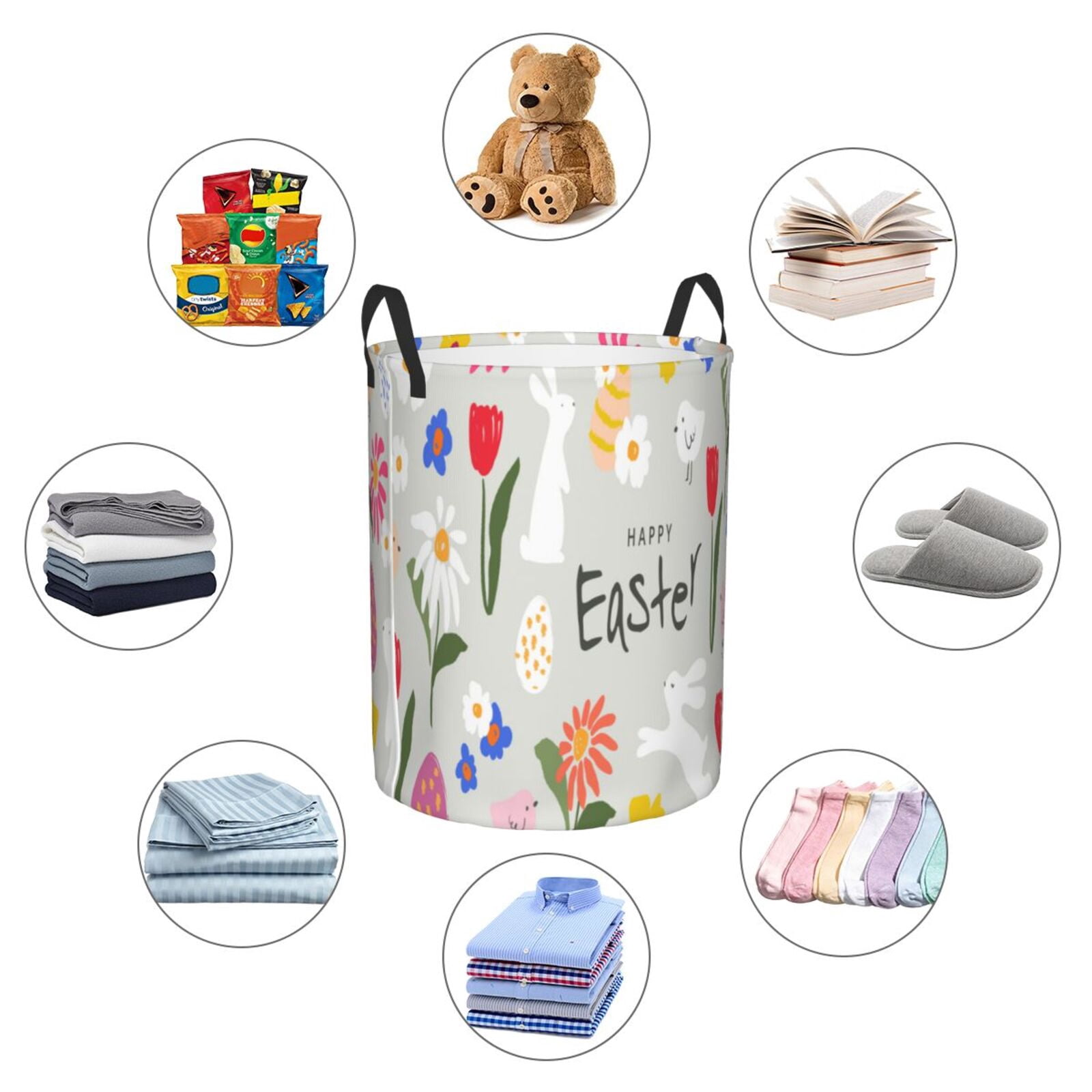 Gukieu Happy Easter Print Round Dirty Clothes Bag, Waterproof Standing Home Bathroom Storage Basket Car Trunk Storage Bag-Small