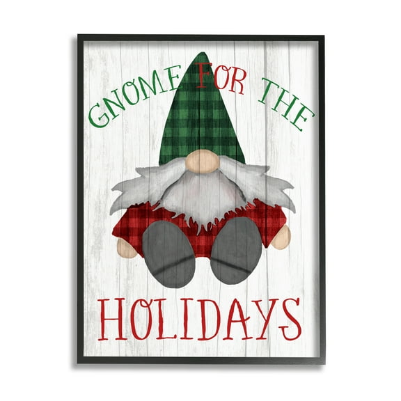 Stupell Industries Gnome for the Holidays Festive Garden Elf Plaid Country Painting Black framed Art Print Wall Art, 11 x 14, Design by Daphne Polselli