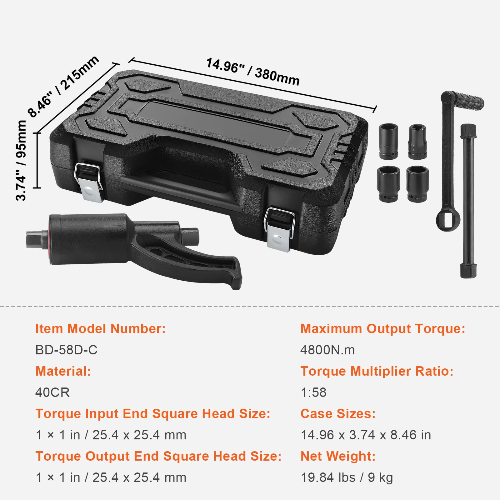 KFFKFF Torque Wrench, 1" Drive Heavy Duty Torque Multiplier Wrench with 4 Sockets (21-41mm), Drive Lug Nut Wrench/Multiplier Heavy Duty Torque Multiplier Wrench Set, 1:58 4800N.m Lug Nut Remover