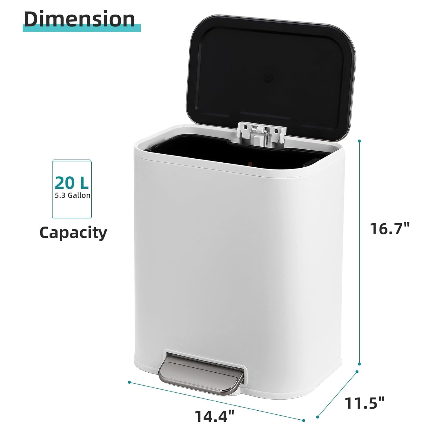 5.3 Gallon Bathroom Trash Can with Lid, Stainless Steel Foot Pedal Step Waste Bin, Removable Inner Bucket, Rectangular Small Garbage Can for Kitchen, Living Room, White