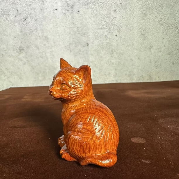 Ebony wood carved cat figurine, new Chinese style solid wood animal cute kitten home living room desktop decoration craft.