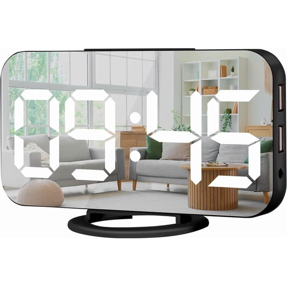 LED Digital Alarm Clock Large Display Mirror Surface with Dual USB Charging Ports 3 Brightness Levels 12/24H Snooze Desk Clock for Bedroom Office Black