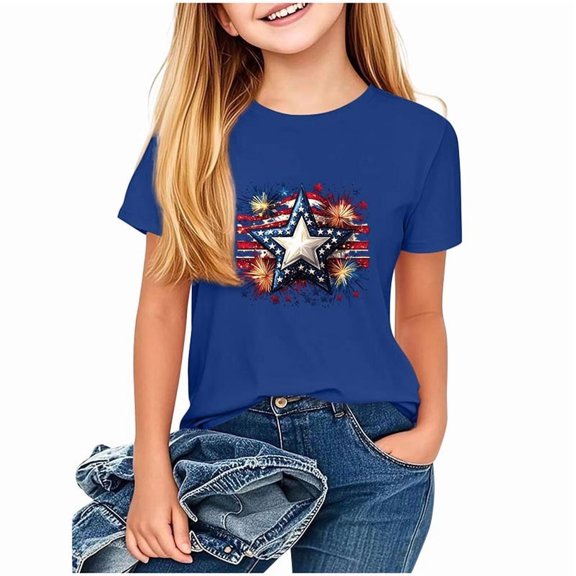 Girls 4th of July T-Shirt Patriotic American Flag Graphic Tee Kids Independence Day Top Dark Blue,Size 12-13 T