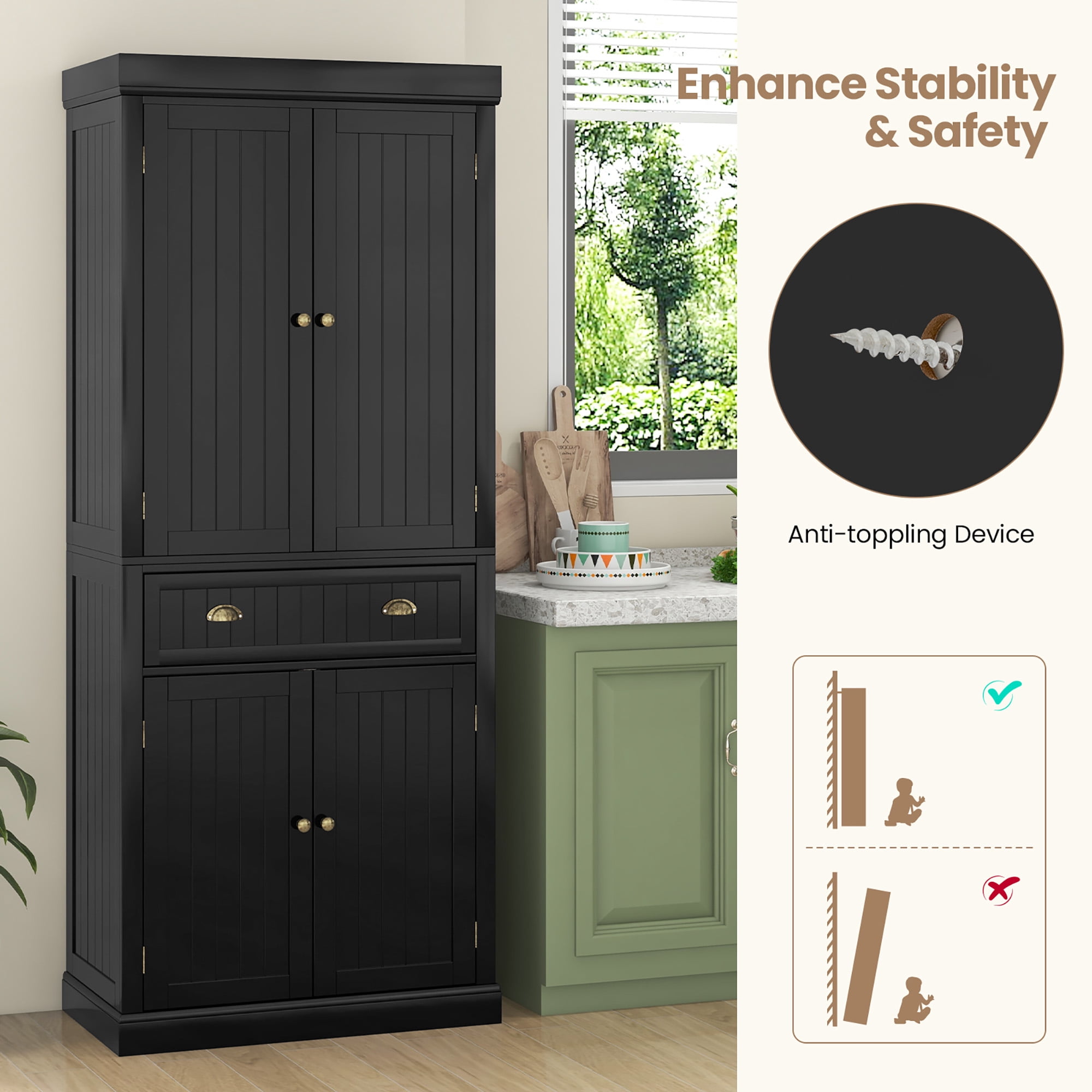 Gymax 72'' Kitchen Pantry Storage Cabinet Tall Freestanding Cupboard w/ 4 Doors Large Drawer Black
