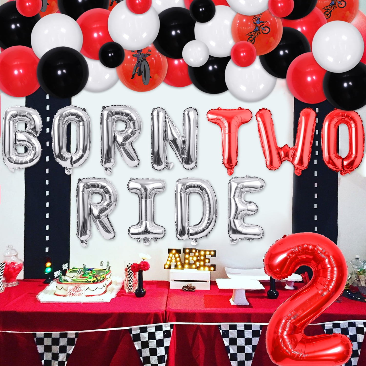 Motorcycle 2nd Birthday Party Decorations for Boy, Motorcycle Born Two Ride Balloon Banner with Black Red Balloon Garland Arch Kit for Racing Theme 2 Years Old Kid Birthday Supplies