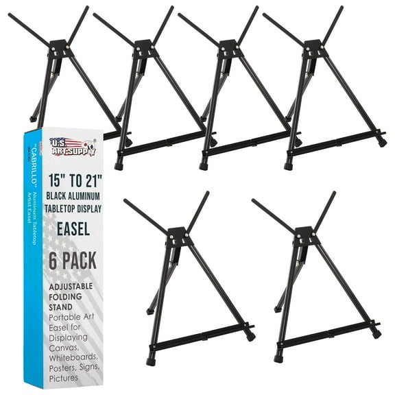 U.S. Art Supply 15" to 21" Adjustable Black Aluminum Tabletop Display Easel (Pack of 6) - Artist Tripod Stand with Wings