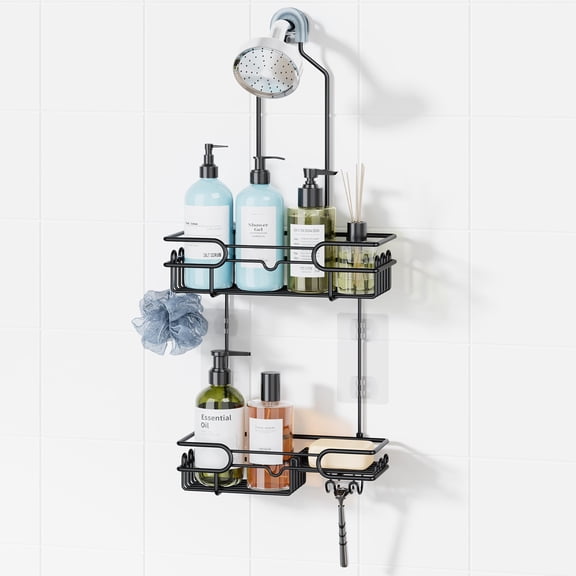 Hanging Shower Caddy Organizer - Bathroom Organizer with 12 Hooks and Soap Holder, Rustproof Shower Shelf over Shower Head - Black
