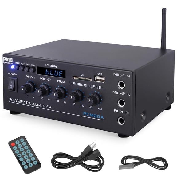 Pyle Compact Mini Home Power Amplifier - 40W Smart Small Audio Stereo Receiver w/AUX, 2 Microphone