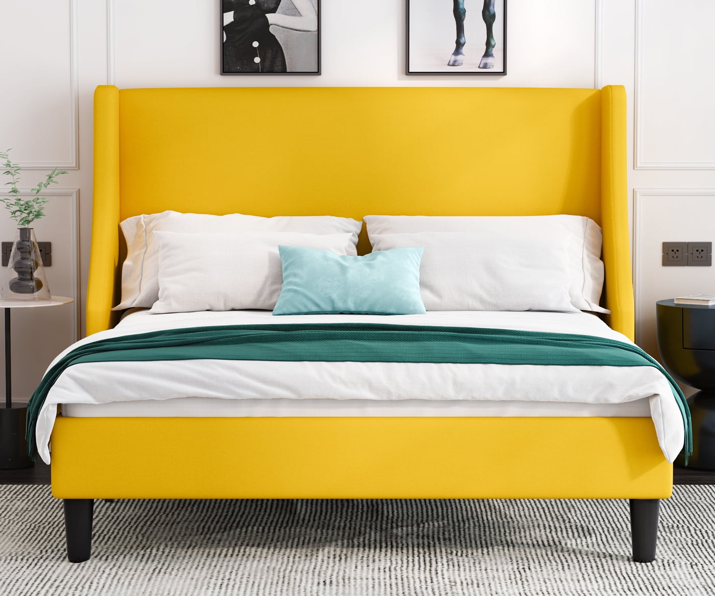 Allewie Queen Size Wingback Headboard Modern Platform Bed, Light Yellow