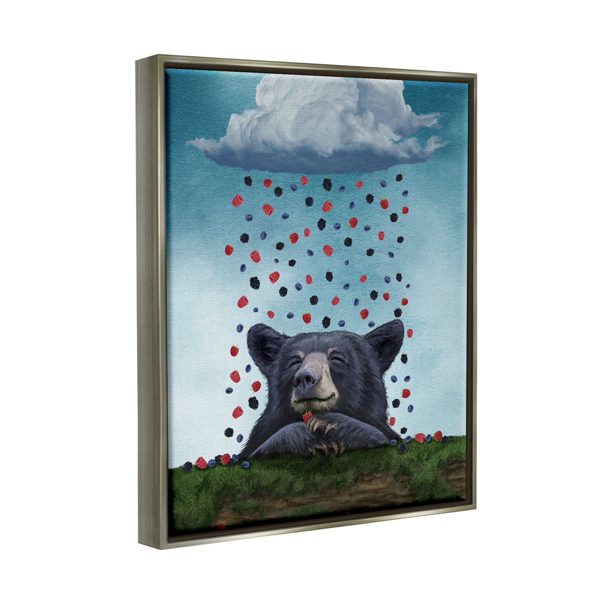 Stupell Industries Bear with Berry Cloud Animals & Insects Painting Gray Floater Framed Canvas Art Print Wall Art, 25 x 31