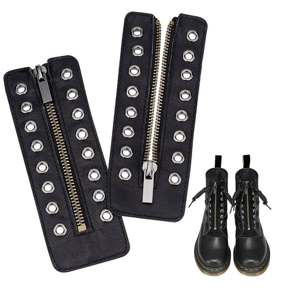 1Pair Leather Lace-in Boot Zipper Inserts 8 Eyelet Zipper No Tie Zipper Boot Laces Smooth Tieless Shoe Laces for Boots Shoes Sneakers Sports Shoes Adults Men Women Black 16.5x6cm/6.5"x2.4"