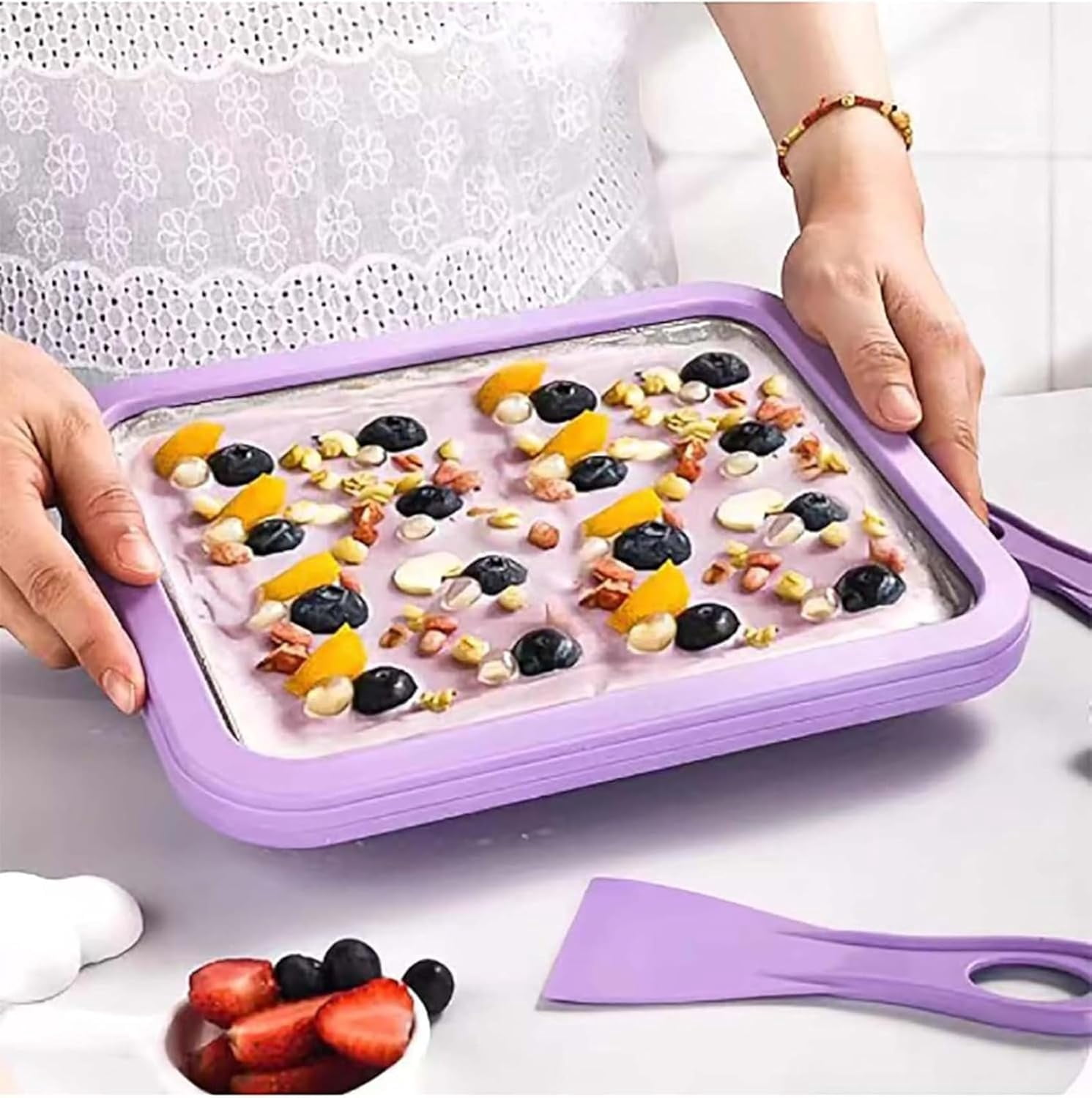 Myfroroll Ice Cream, Froroll Ice Cream, Rolled Ices Creams Maker Tray with 2 Spatulas, Instant Ices Creams Roller Maker, Easy Clean-Up, Homemade DIY for Gelato (pink)