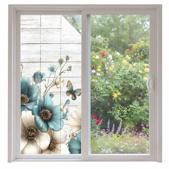 Teal Tulip Butterfly Window Privacy Film, Beige Turquoise Floral Grey Wooden Static Cling UV Sun Blocking Heat Control Window Tint Day and Night, Non-Adhesive One Way Privacy Cover 35.4''x78.7''