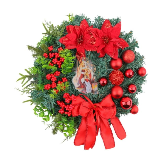 Corona navideña para puerta, decoración navideña, adorno colgante con vegetación, guirnalda de bolas navideñas para puerta de entrada, accesorio Rojo 30cmx30cmx8cm
