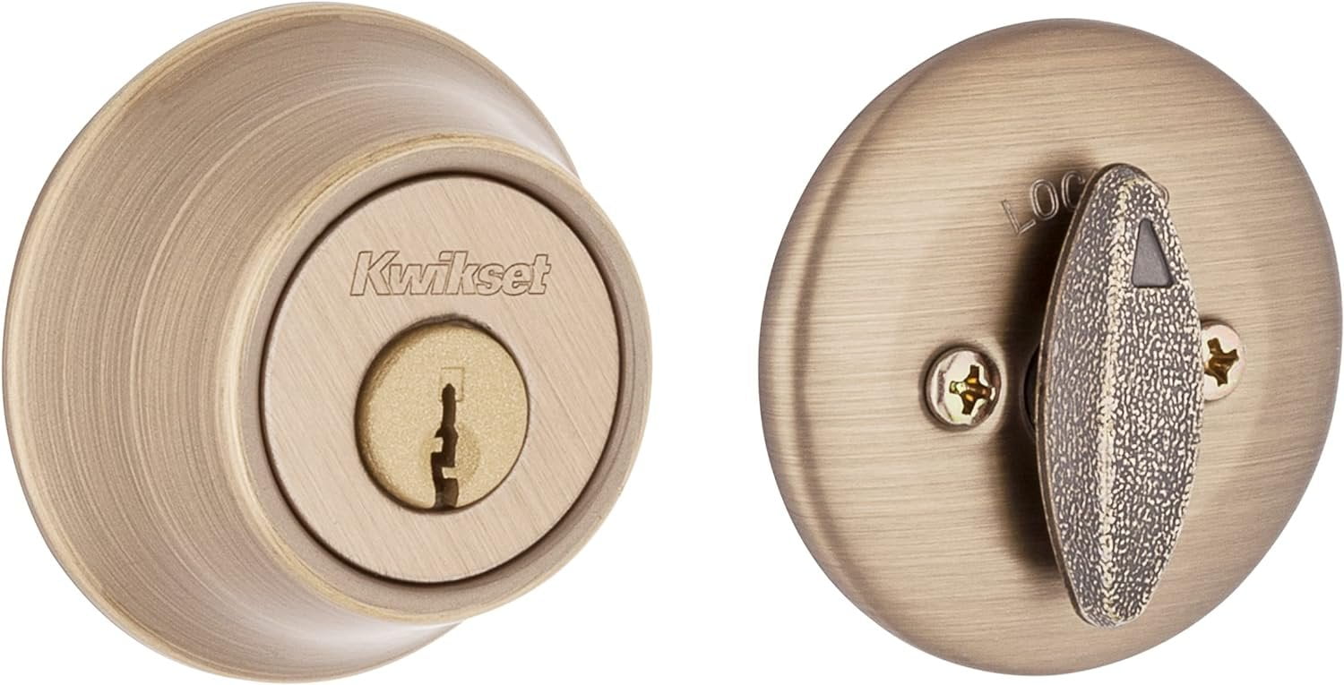 Kwikset 660 Deadbolt Lock, Antique Brass Round Exterior