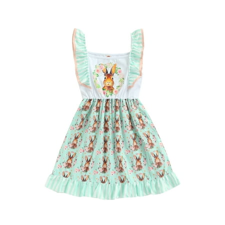 

Gwiyeopda Toddler Baby Girls Fly Sleeve Dress Easter Rabbit Ruffles Hem Bow-Knot A-Line Dress