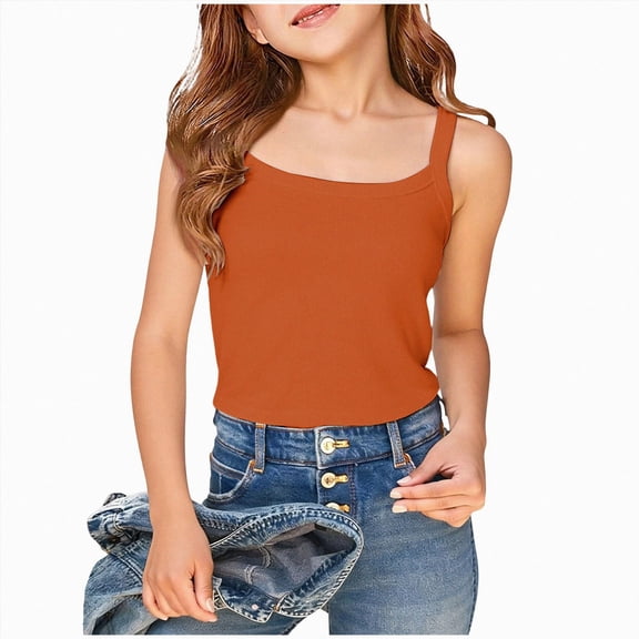 enyan Girls Tank Top Solid Sleeveless Undershirts Scoop Neck Undershirts Soft Dance Tank Tops for Toddler,Orange,11-12 Years