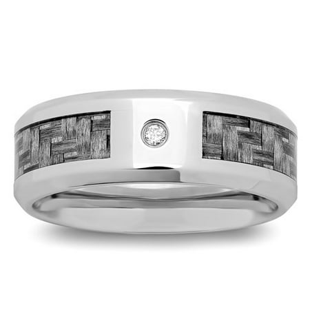 Men's Stainless Steel 8MM Diamond Accent Carbon Fiber Wedding Band ÃƒÂ¢ Mens Ring