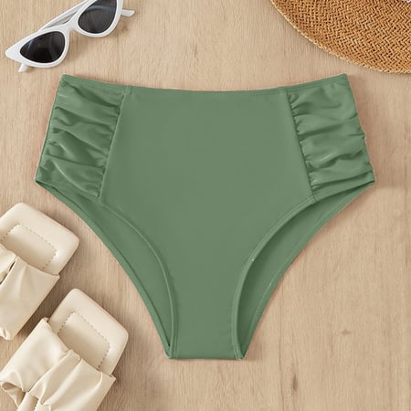 Ovticza Full Coverage Bikini Bottoms for Women Mid Rise Bathing Suit Bottoms for Women Ruched Tummy Control Swim Bottoms Green M