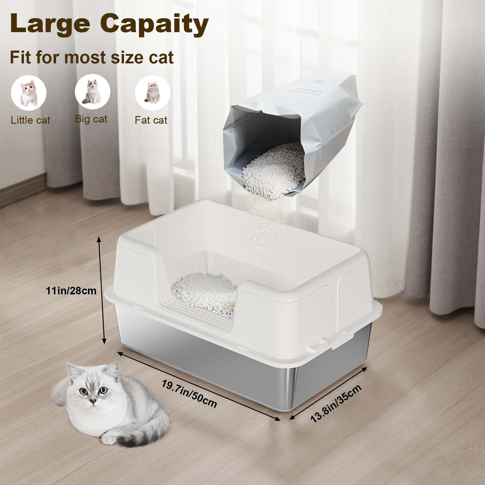 Stainless Steel Cat Litter Box with Lid – Leak-Proof & Scratch-Resistant Litter Box for Large Cats, Includes Anti-Slip Mat & Scoop, Easy to Clean